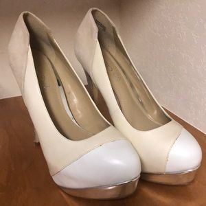 Nude, white and silver tall pump